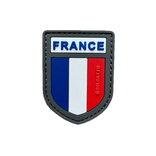 Écusson France bleu blanc rouge SOLDAT.FR inscription France en Bleu et marque soldat.fr en bas à droite