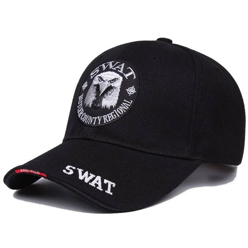 black swat cap, front view 