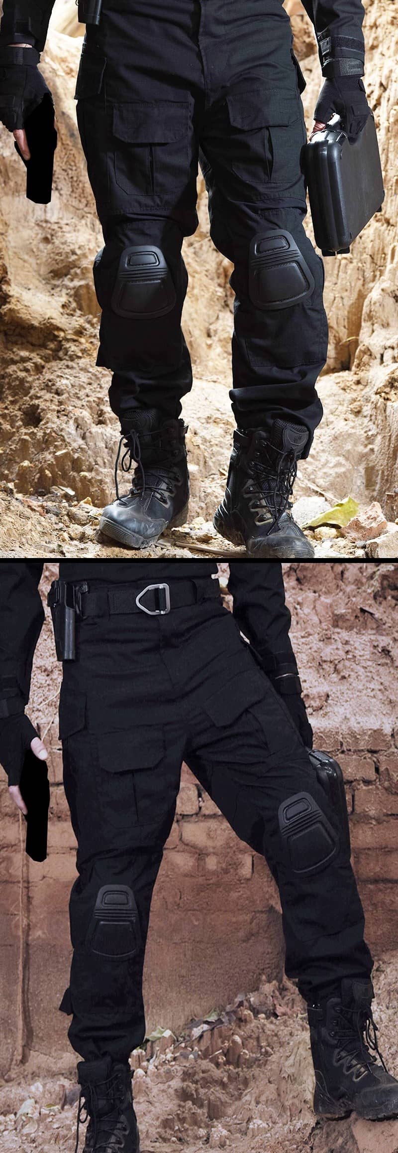 Treillis militaire tactique noir avec des genouillères porté par un soldat de l'armée