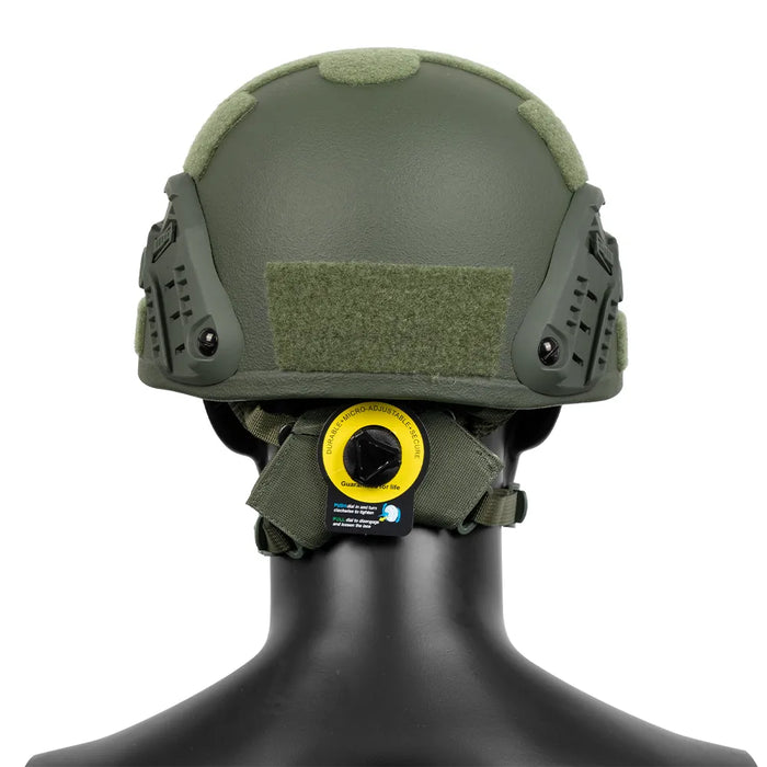 Mich Ballistic helmet, armored, rear view