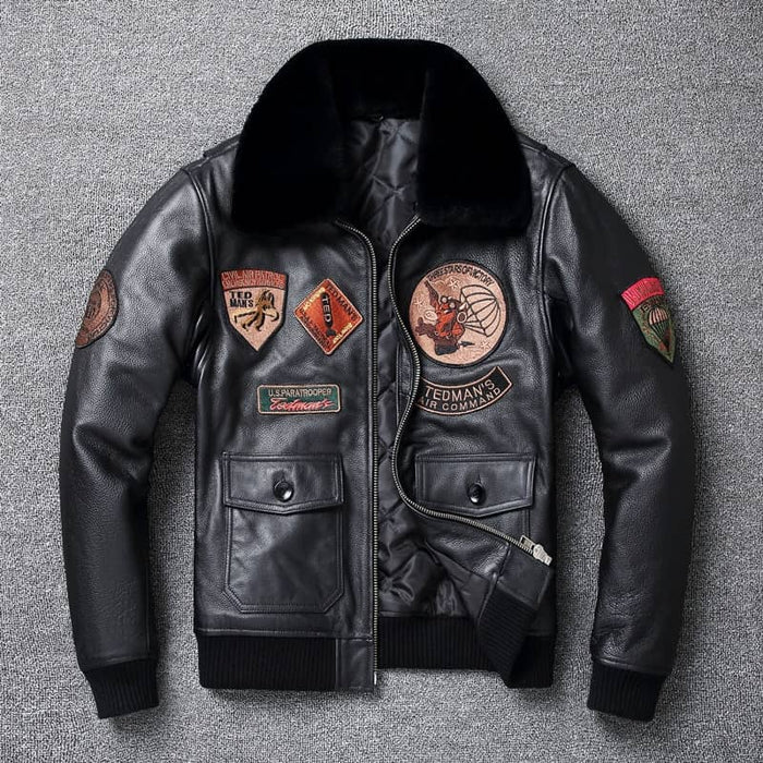 Men's black leather bomber jacket