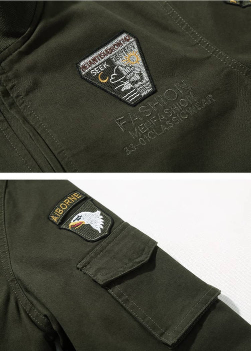 Army green bomber with embroidered patches