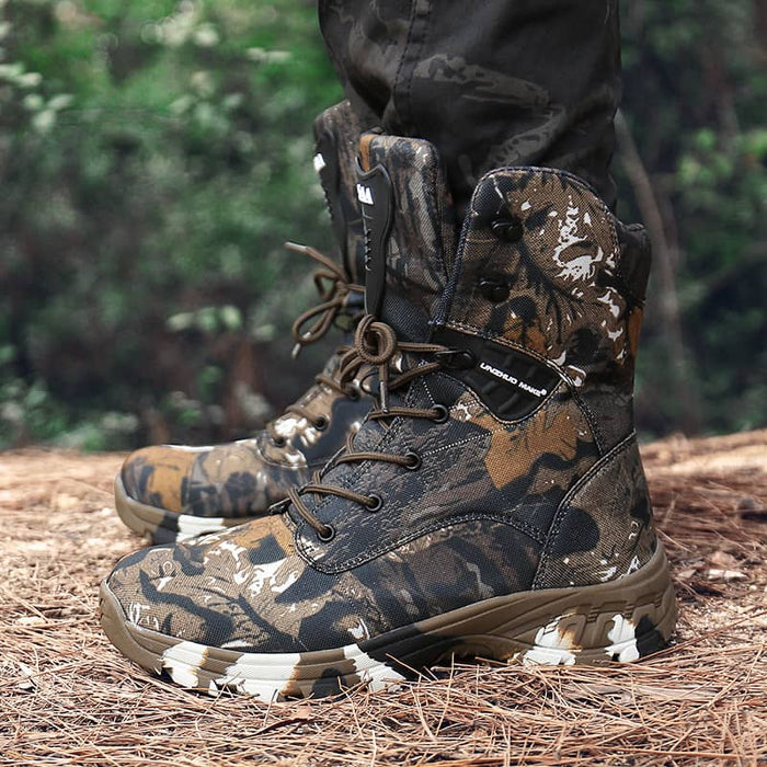 Military camouflage shoes tested by a soldier