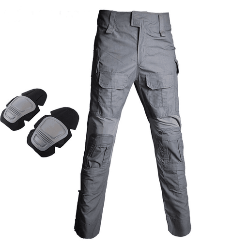 Grey BDU military-style pants with knee pads