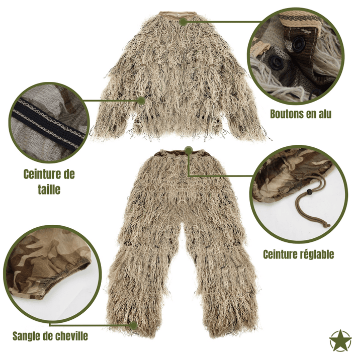 Military desert camouflage suit features