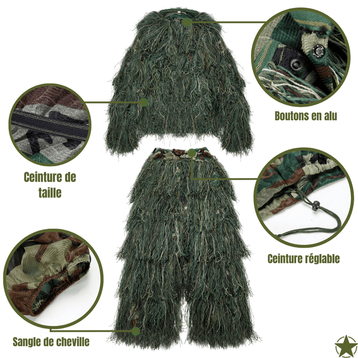 Woodland military camouflage outfit features